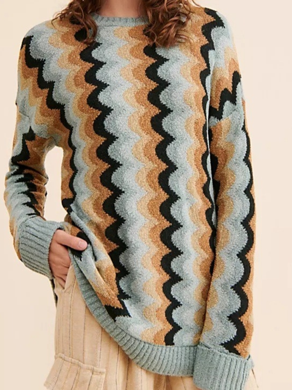 Show Me Your Mumu Retro Wave Knit Comfy Sweater Light Blue Orange & Black Small